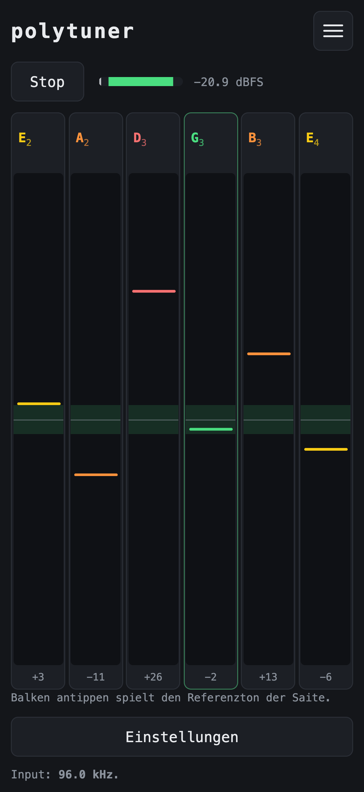Multitimbral auf einem Telefon, sechs Balken untereinander, alles auf einem Bildschirm.